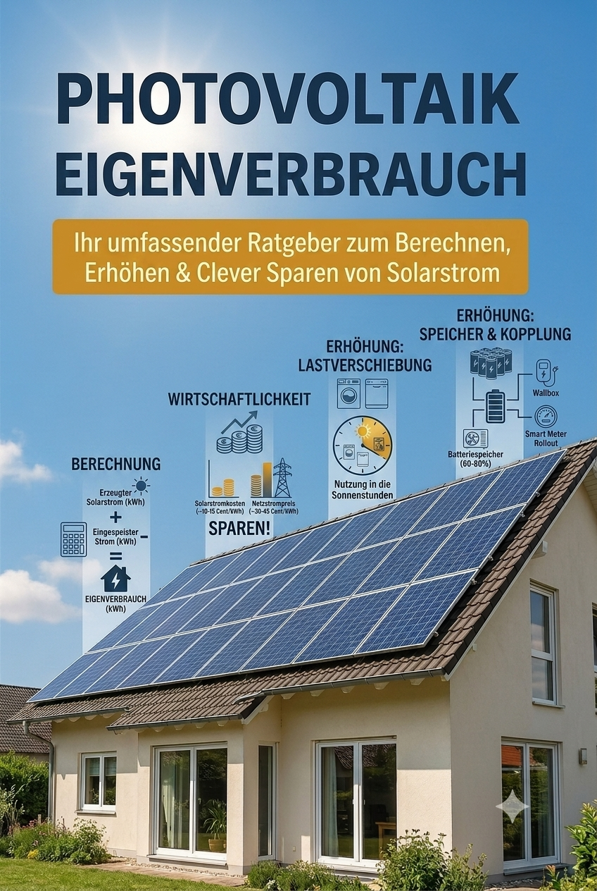 Einfamilienhaus mit Photovoltaikanlage auf dem Dach unter blauem Himmel. Eine darüberliegende Infografik zeigt die vier wichtigsten Schritte zum Photovoltaik Eigenverbrauch: Berechnung, Wirtschaftlichkeit, Erhöhung durch Lastverschiebung sowie Erhöhung durch Speicher und Sektorenkopplung.