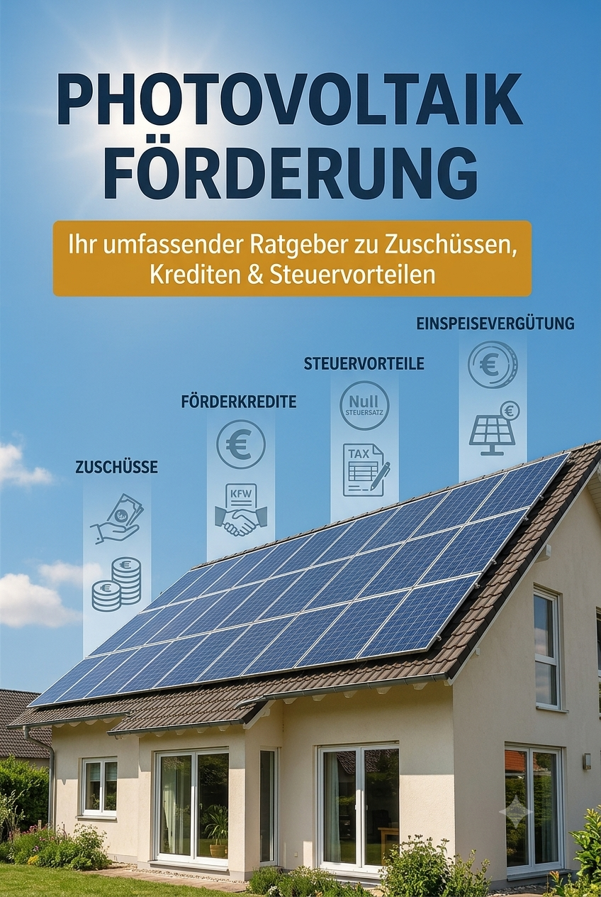 Grafische Darstellung eines Einfamilienhauses mit einer Photovoltaikanlage auf dem Dach. Im Himmel darüber sind die vier Säulen der Photovoltaik-Förderung als Symbole dargestellt: Zuschüsse, Förderkredite, Steuervorteile und Einspeisevergütung.