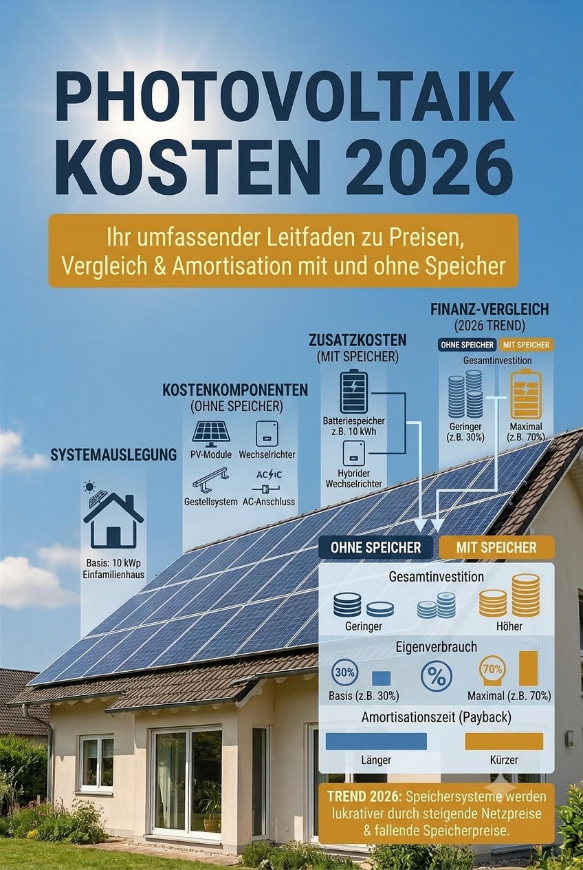 Ein modernes Einfamilienhaus mit Photovoltaikanlage auf dem Dach an einem sonnigen Tag. Eine darüberliegende Infografik schlüsselt die Photovoltaik Kosten 2026 auf und zeigt einen direkten Finanz-Vergleich: Gegenübergestellt werden die Gesamtinvestition, der Eigenverbrauch und die Amortisationszeit einer 10 kWp PV-Anlage mit und ohne Batteriespeicher.