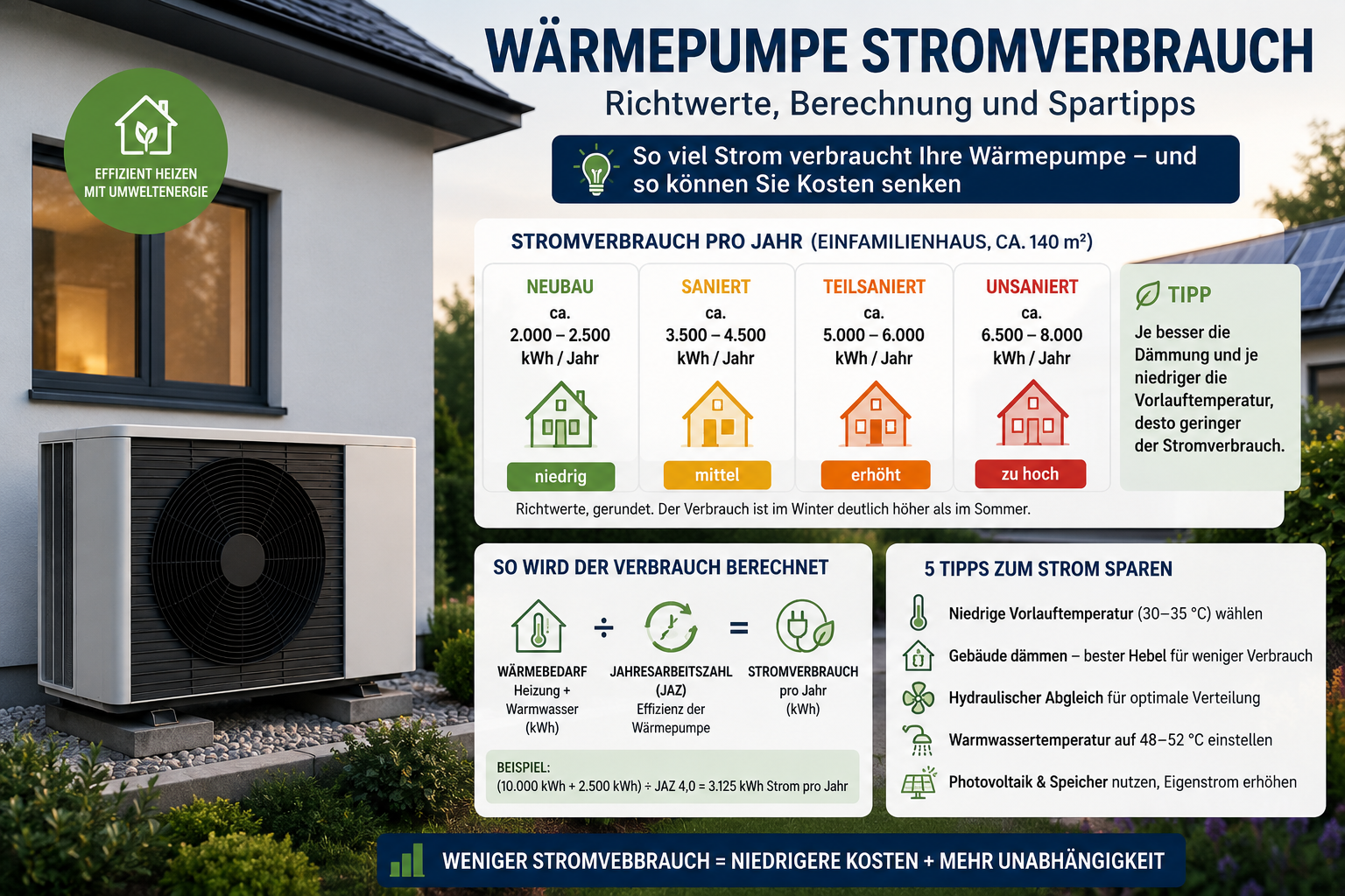 Infografik zum Stromverbrauch einer Wärmepumpe mit Richtwerten, Berechnungsformel und Spartipps vor einem modernen Haus mit Außeneinheit