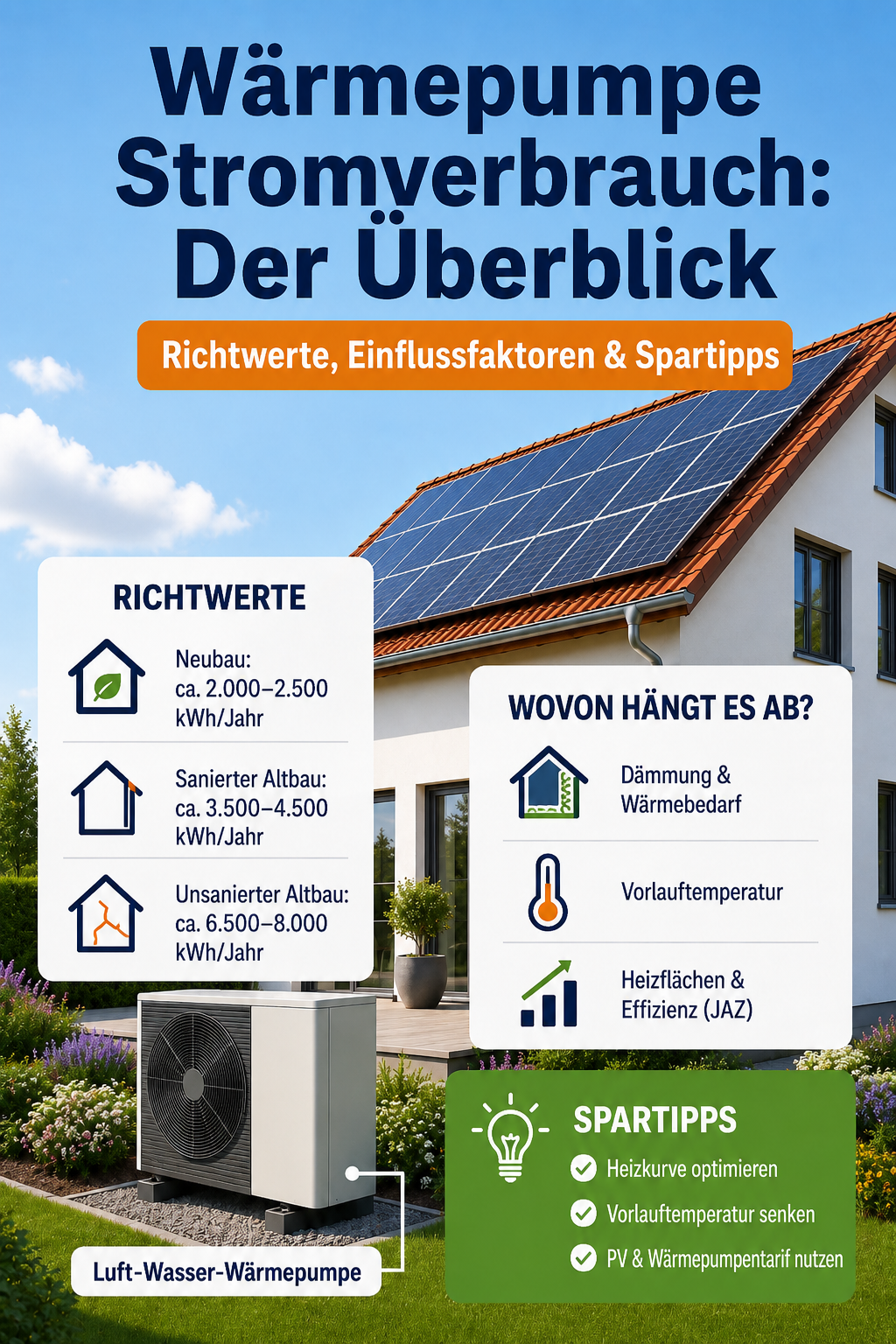 Infografik zum Stromverbrauch einer Luft-Wasser-Wärmepumpe mit Richtwerten, Einflussfaktoren und Spartipps vor einem Haus mit Photovoltaikanlage