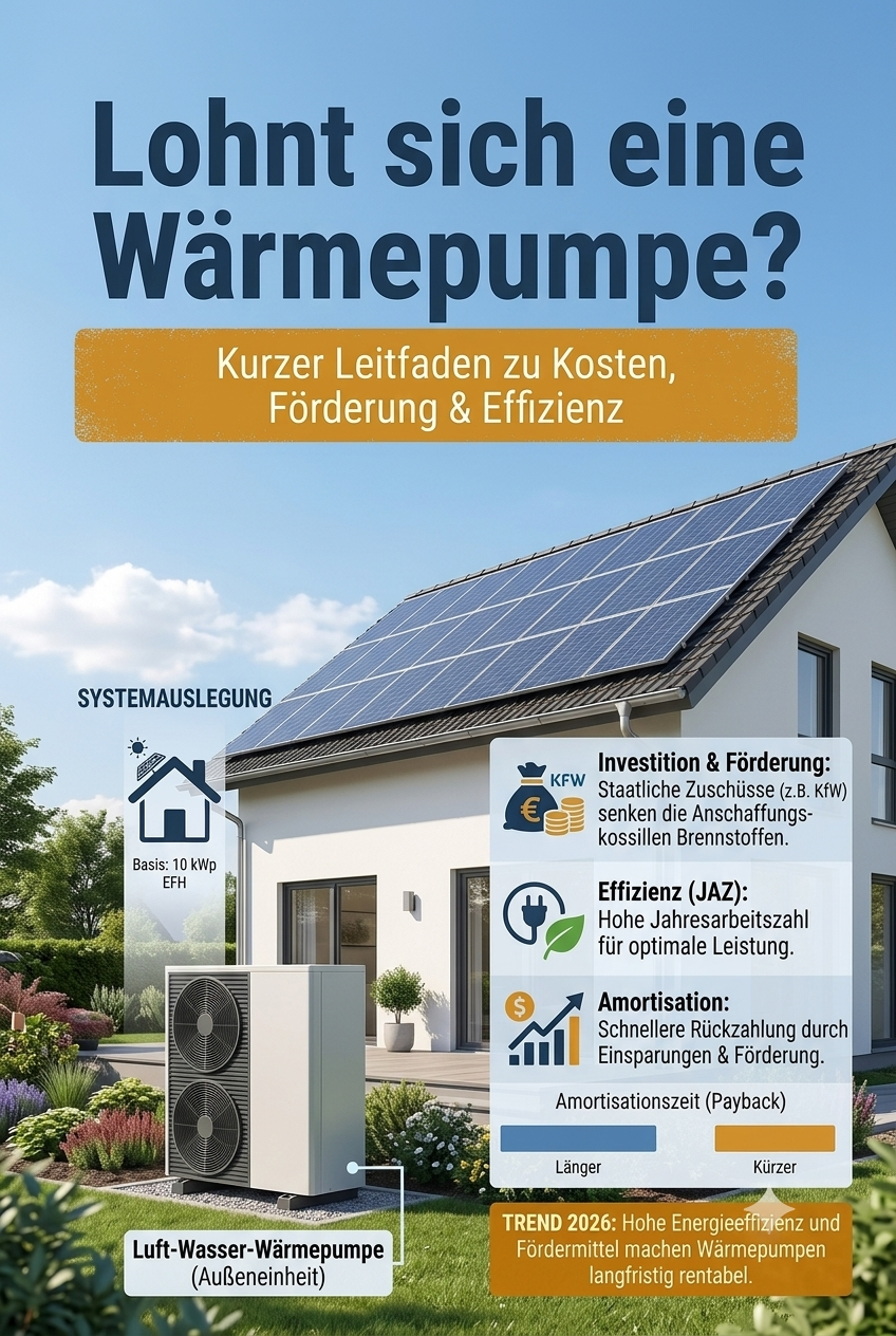 Ein modernes Einfamilienhaus an einem sonnigen Tag mit blauem Himmel. Im Garten steht die Außeneinheit einer Luft-Wasser-Wärmepumpe. Darüber liegt eine aufgeräumte, leicht verständliche Infografik mit dem Titel "Lohnt sich eine Wärmepumpe", die kurz die wichtigsten Faktoren zu Förderung, Anschaffung und Betriebskosten zusammenfasst.