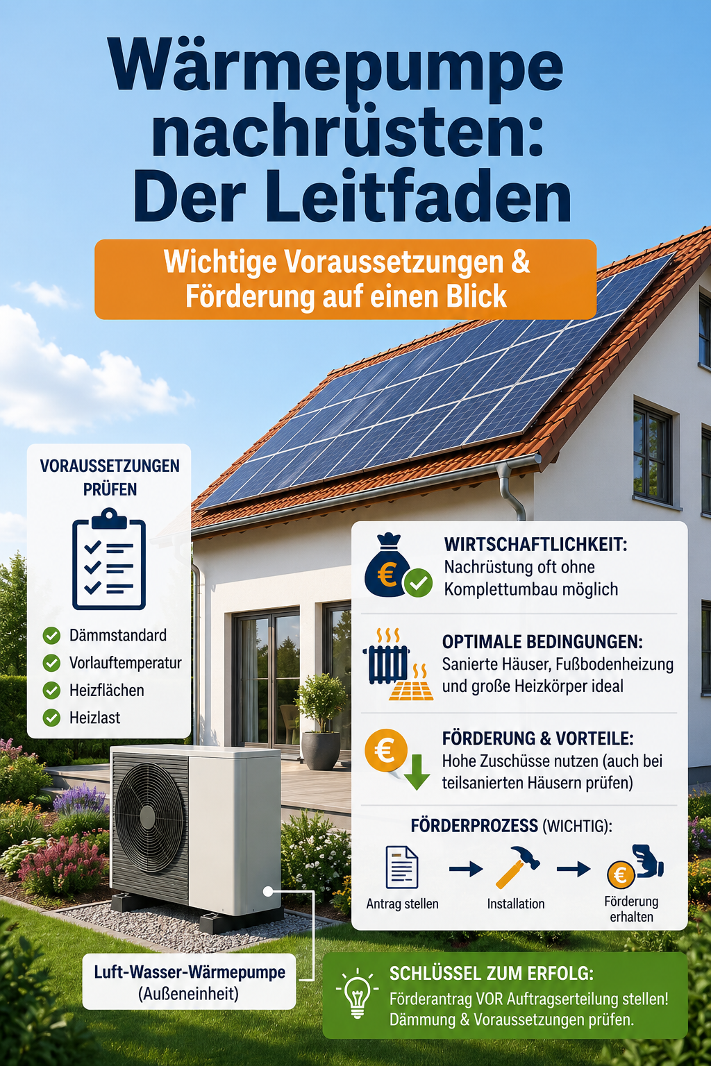 Luft-Wasser-Wärmepumpe vor einem Haus mit Photovoltaikanlage als Leitfaden zur Wärmepumpe-Nachrüstung